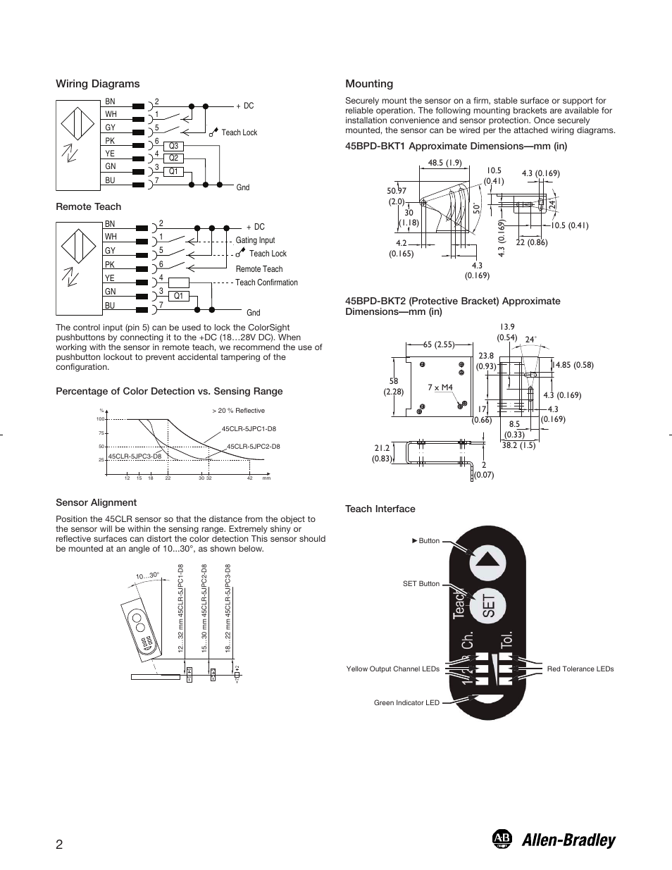 Mounting, Wiring diagrams | Rockwell Automation 45CLR ColorSight User Manual | Page 2 / 4