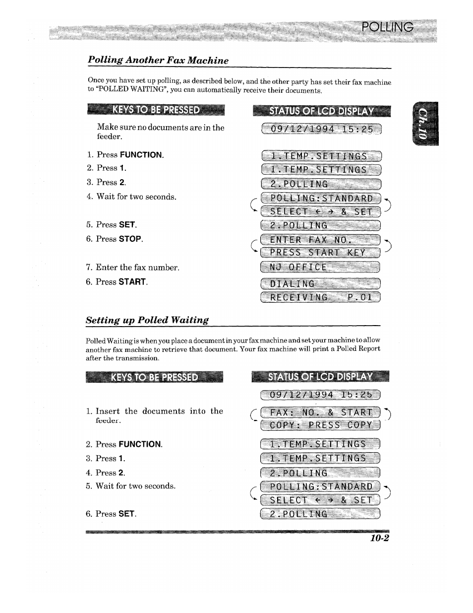 Polling another fax machine, Keys to be presse, Setting up polled waiting | Status of l, I 09/]g/1994 1!>:25 ] it t ■ tim..settt№a5rq, Set~'), 2 . polli, Enter fax, Nj office, 1 dialing | Brother INTELLIFAX 820MC User Manual | Page 105 / 128