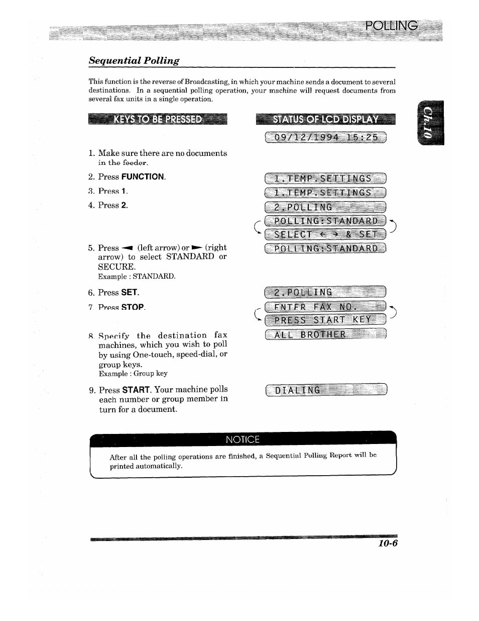 Polling, Sequential polling, Press function | Status of lcd display, I:~'qxmz/1994 15:2sij, I. l.temp.settings 1 e m ptsfntng s ), 2 . polling, Fnter fax no. i, Press start key ] i all brother, Dialing | Brother INTELLIFAX 820MC User Manual | Page 109 / 128