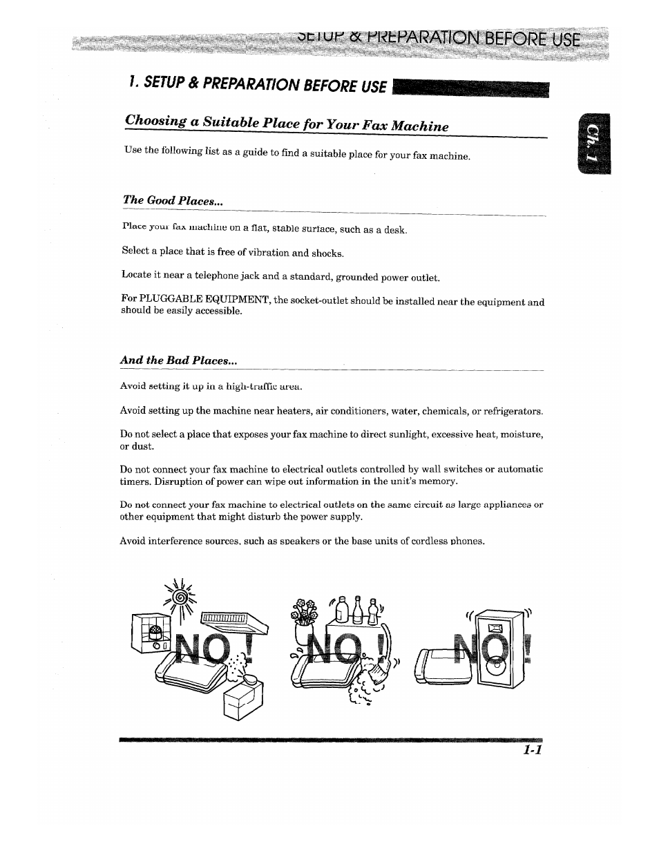 Choosing a suitable place for your fax machine, Ociuf- & pktparation before use, Setup & preparation before use | Brother INTELLIFAX 820MC User Manual | Page 11 / 128