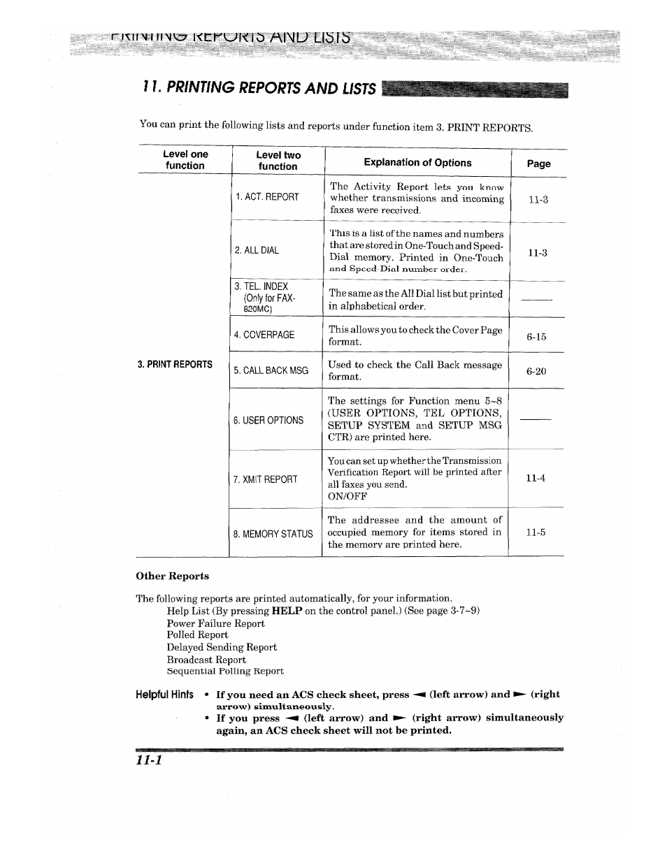 1 /. printing reports and lists, Chapterll, Printing reports and lists | Ii-i | Brother INTELLIFAX 820MC User Manual | Page 110 / 128