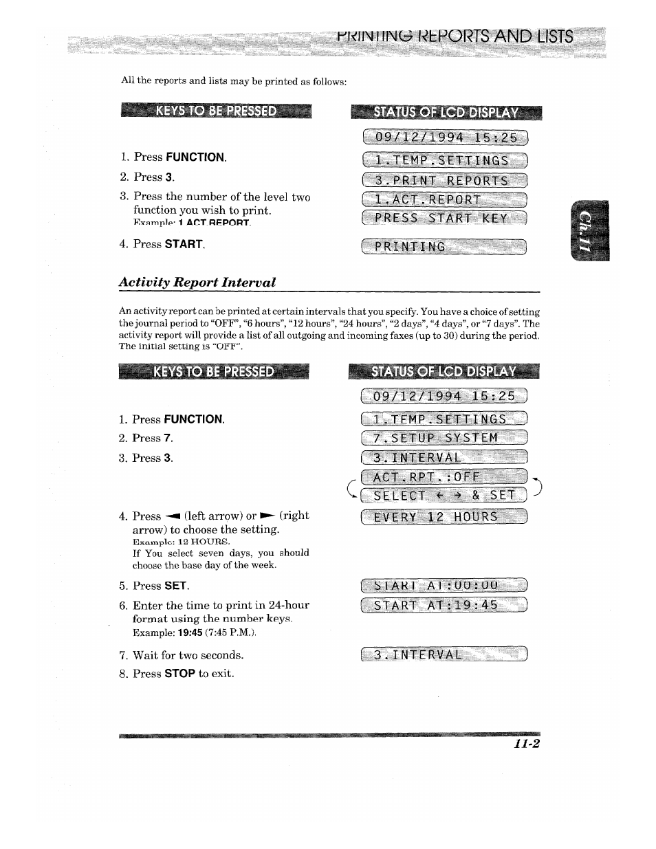 Keys to be pressed, Press function, Activity report interval | Status of lcd d[spl, Status of lcd displa, F l.temp.seitings ;), Setup sys i em ), S:act .,gt»t.: okf 7, Setfett / set, R everung hottrs ) | Brother INTELLIFAX 820MC User Manual | Page 111 / 128