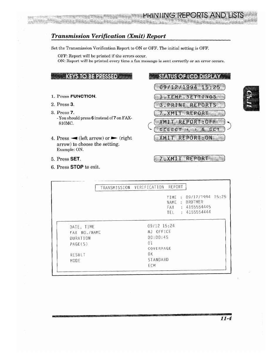 Pkiniing reports and lists, Transmission verification (xmit) report, Status of lcd display | F vgxhf $ iia-pcpfpr, R 7.xmit report ,1, Transmission verification (xmit) report -4 | Brother INTELLIFAX 820MC User Manual | Page 113 / 128