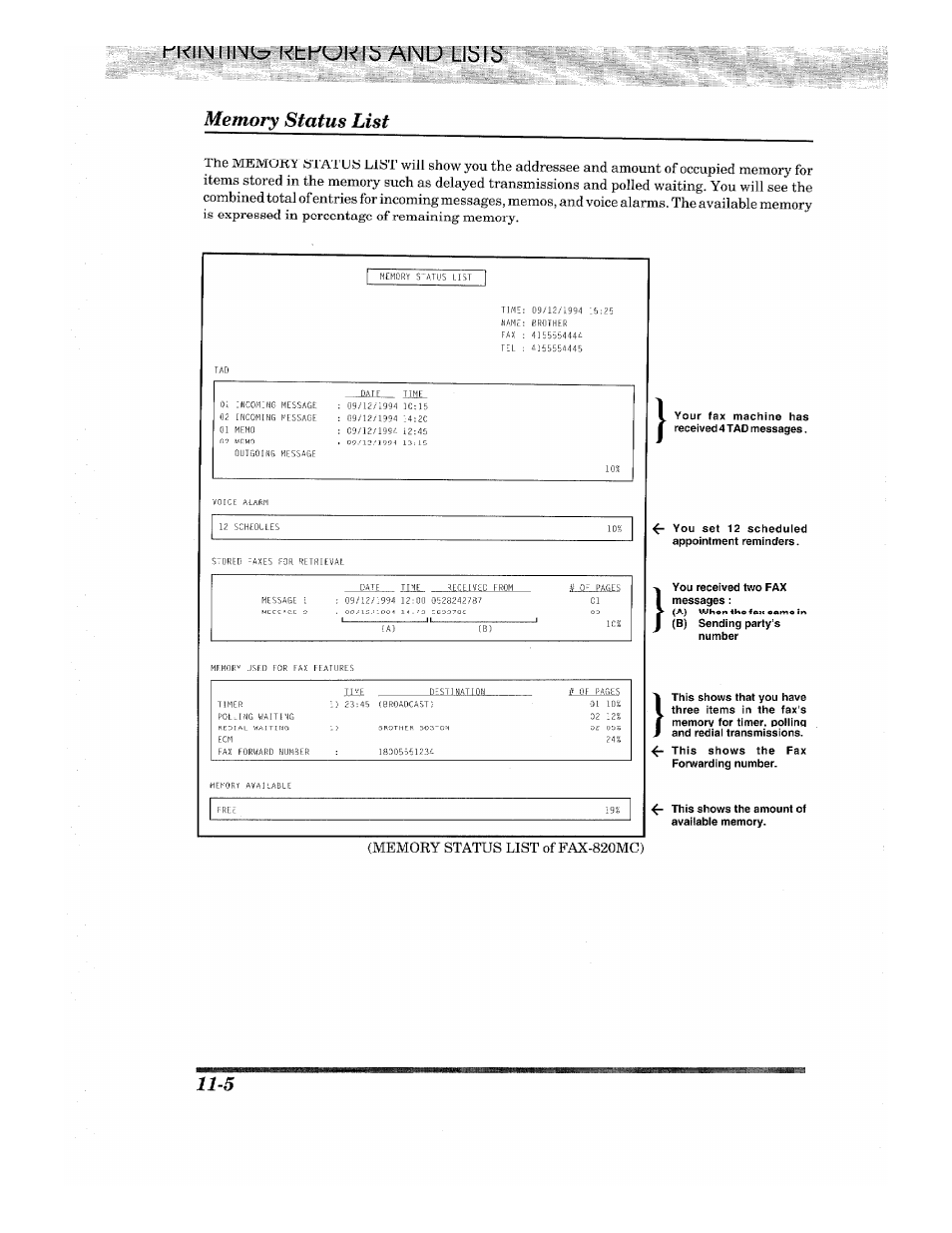 N<llniii\ic7 ktrukii) and llbli), Memory status list, Memor>' status list -5 | Tim e | Brother INTELLIFAX 820MC User Manual | Page 114 / 128