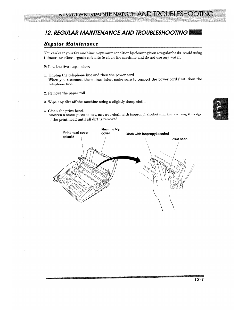 I^cv^^ul/ak iviaiimlblmalmch and troubleshooting, Regular maintenance and troubleshooting, Regular maintenance | Regular maintenance -1, I^cv^^ul/ak iviaiimlblmalmch | Brother INTELLIFAX 820MC User Manual | Page 115 / 128