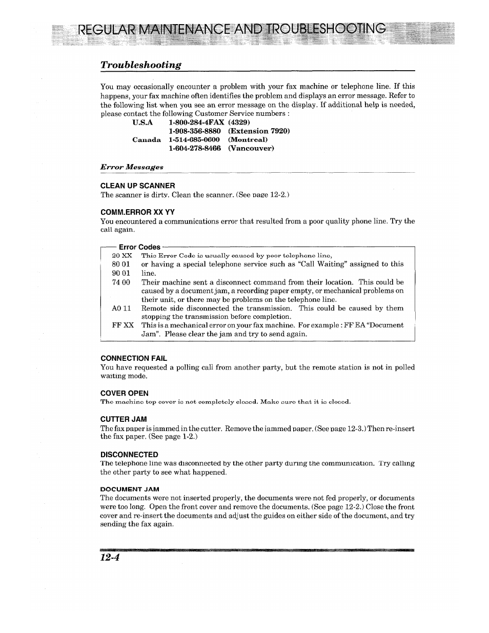 Regular maintenancbi^nd trgubleshooting, Troubleshooting, Troubleshooting -4 | Brother INTELLIFAX 820MC User Manual | Page 118 / 128