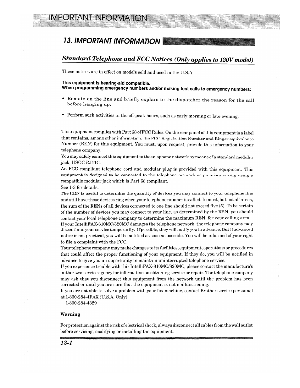 Important information, Chapterls, Important information 13. important information | Brother INTELLIFAX 820MC User Manual | Page 120 / 128