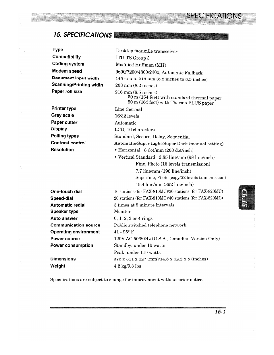 Bpbuhcaiions 15. specifications | Brother INTELLIFAX 820MC User Manual | Page 125 / 128