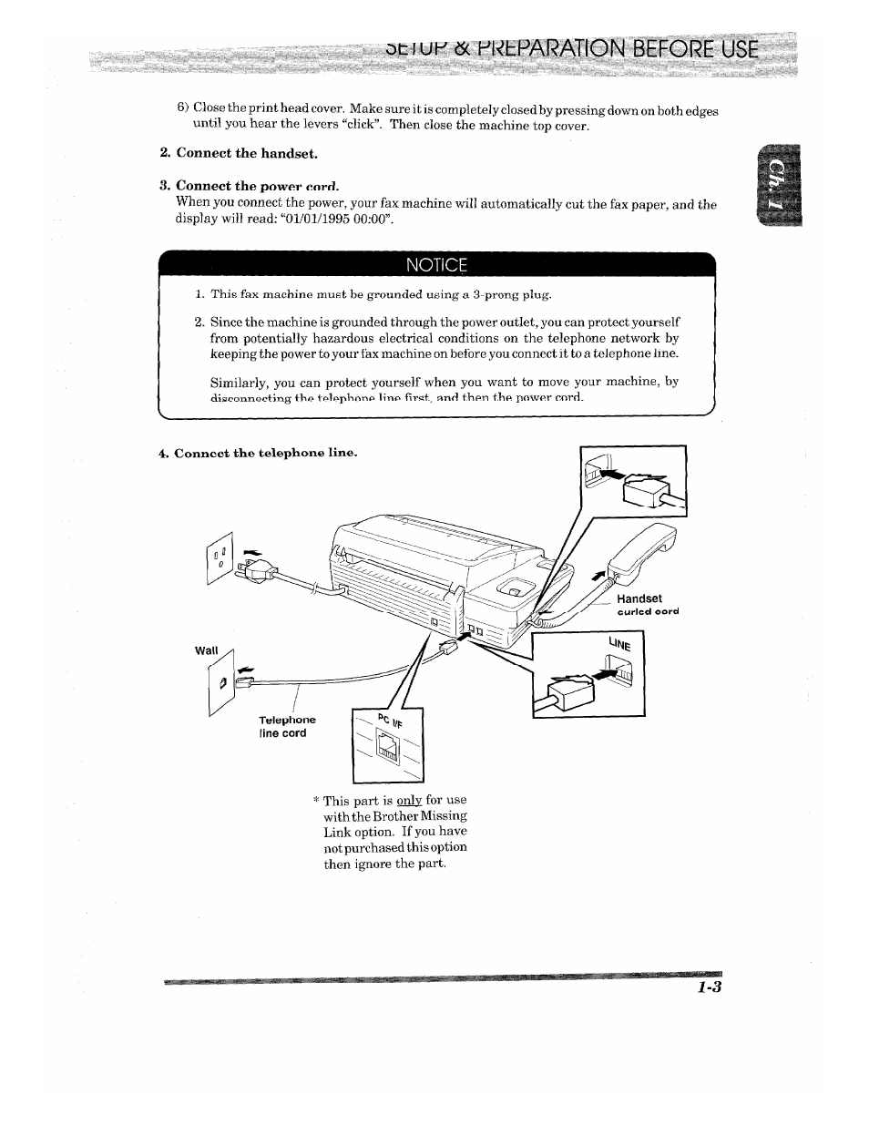 Otiuk 6c kkhparation before, Connect the power cord, Notice | Brother INTELLIFAX 820MC User Manual | Page 13 / 128
