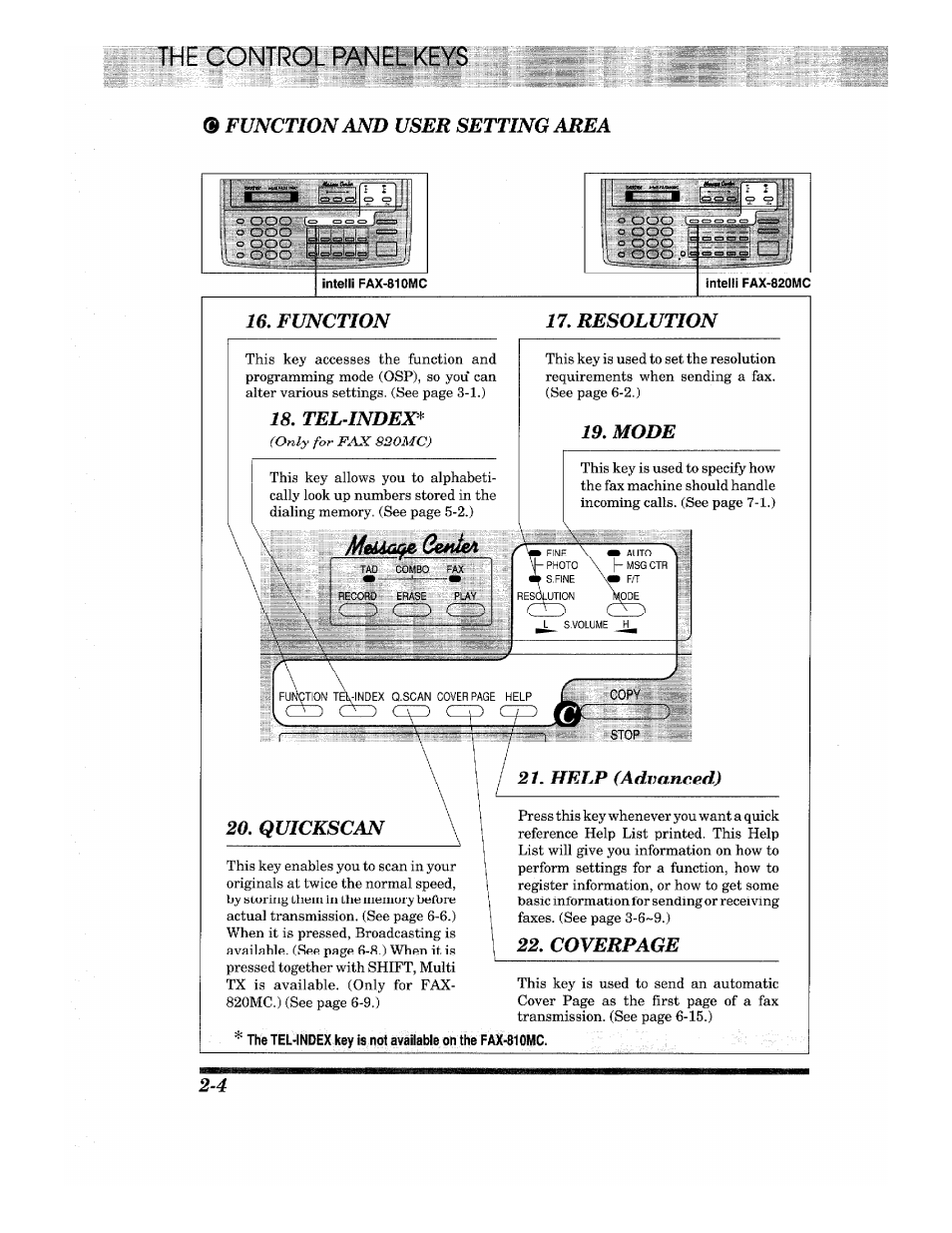 The control panel keys, Function and user setting area, Function | Resolution, Tel-index, Mode, Quickscan, Help (advanced), Resolution -2, Function 17. resolution | Brother INTELLIFAX 820MC User Manual | Page 18 / 128