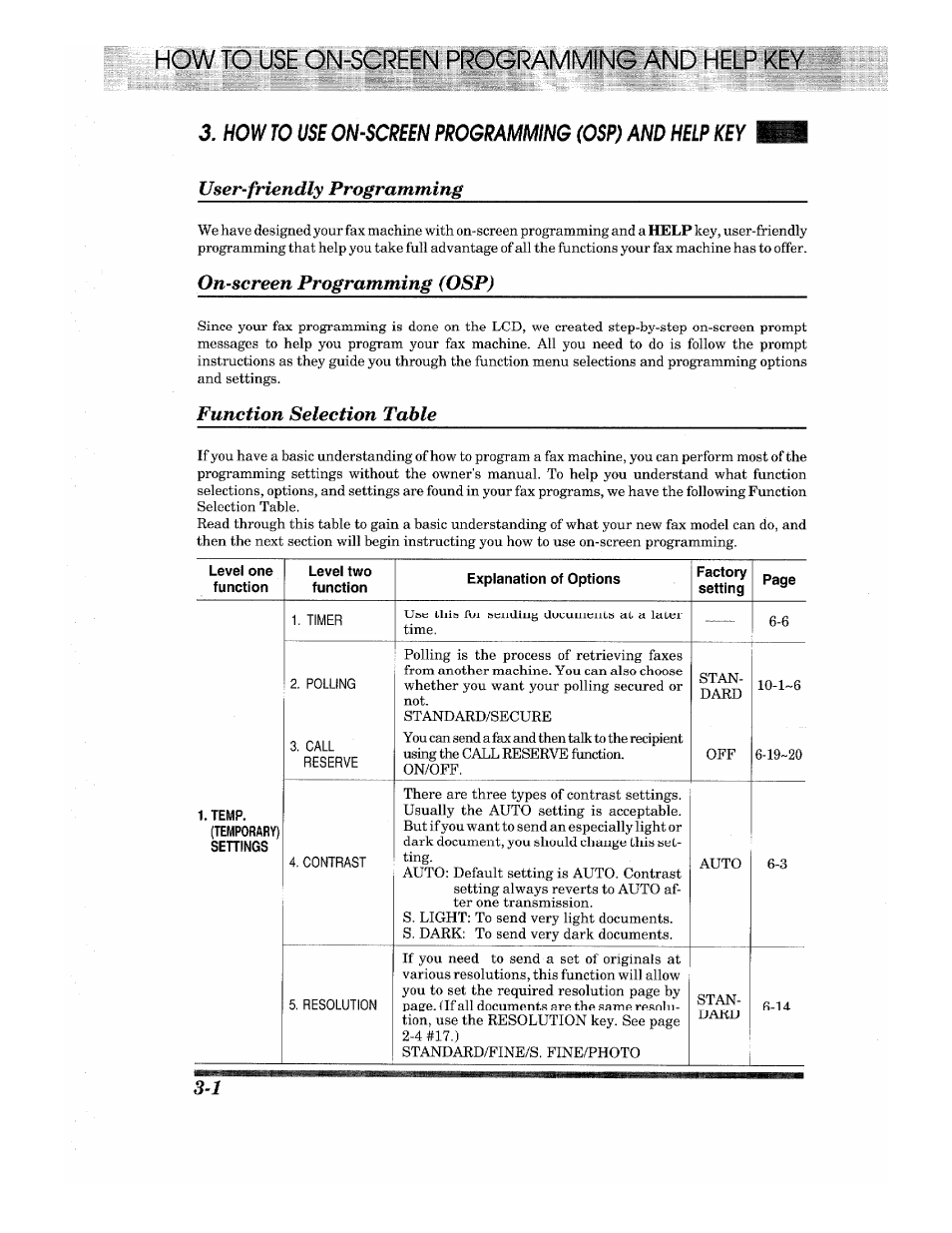 User-friendly programming, On-screen programming (osp), Function selection table | Howto use on-screen programming and help key | Brother INTELLIFAX 820MC User Manual | Page 20 / 128