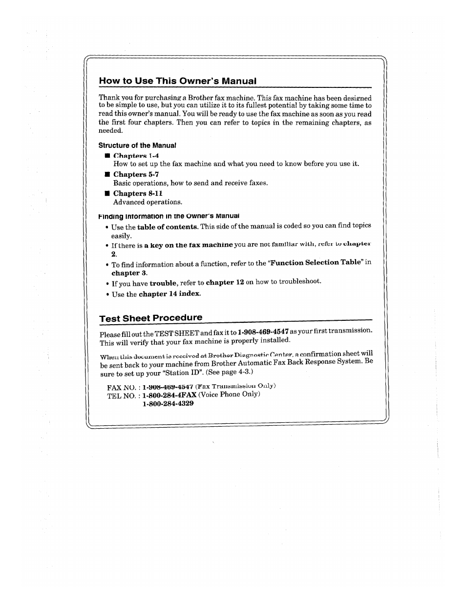 Test sheet procedure | Brother INTELLIFAX 820MC User Manual | Page 3 / 128