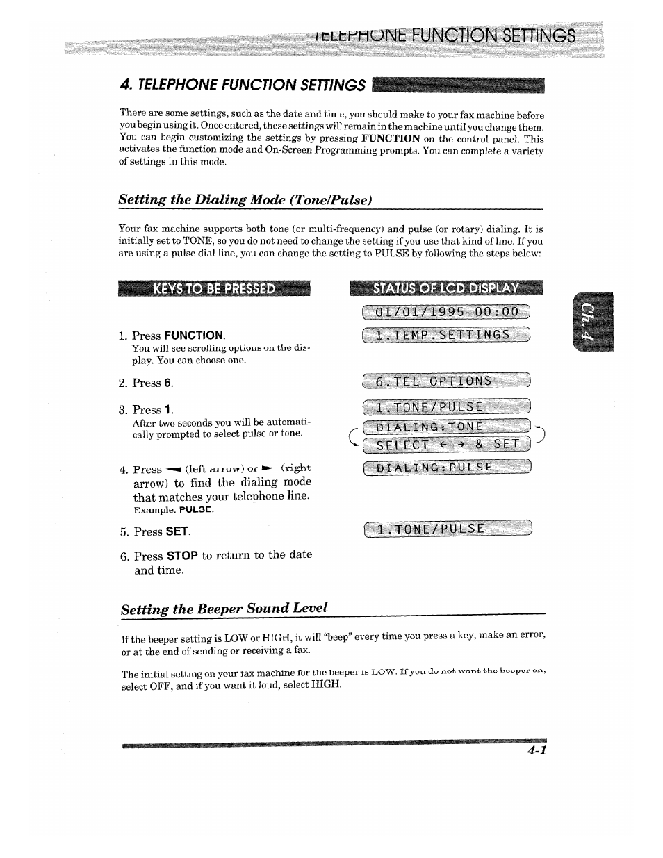 Telephone function settings, Setting the dialing mode (tonefpulse), Keys to be pressed | Press function, Press 6, Press 1, Press set, Press stop to return to the date and time, Status of lcd display, 1 l.tone/pulse | Brother INTELLIFAX 820MC User Manual | Page 31 / 128