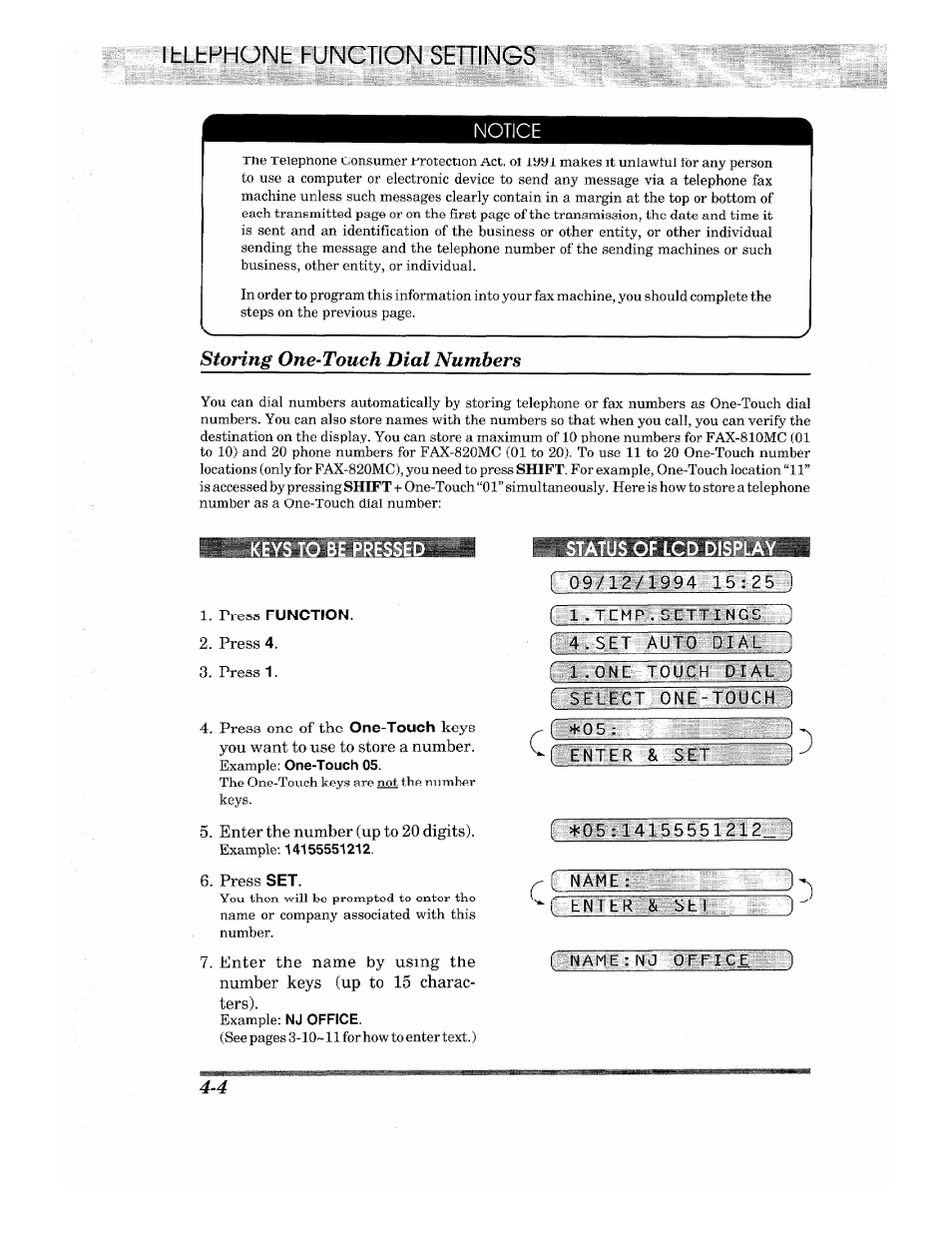 I hlbphünb function sehings, Storing one-touch dial numbers, Ys to be presse | Press function, Status of lcd, R *05, R enter & set, É rs 5 s’.5 hi 51, Érs 5 s’.5 hi 51 | Brother INTELLIFAX 820MC User Manual | Page 34 / 128