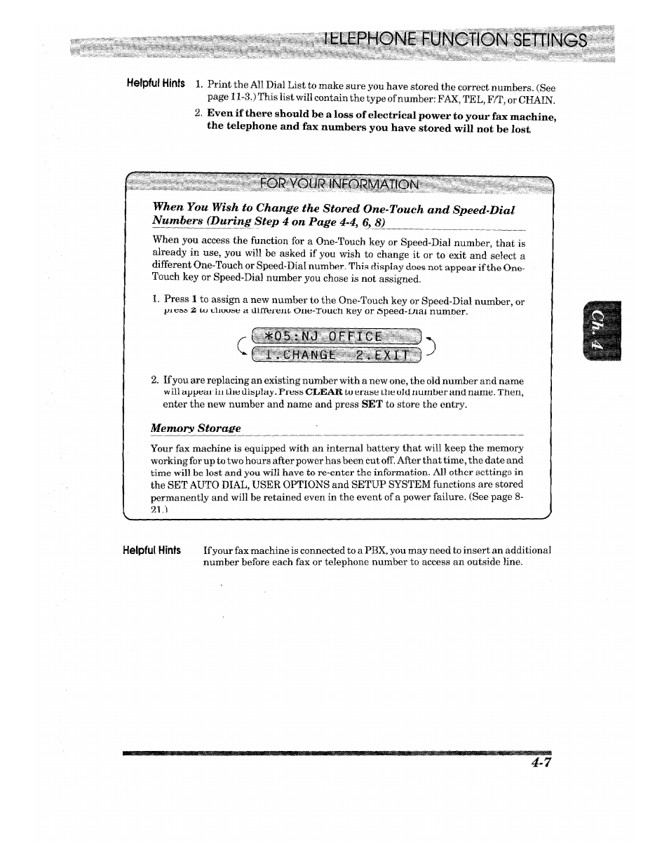 Change 2■exit 1, Tlephone function settings | Brother INTELLIFAX 820MC User Manual | Page 37 / 128