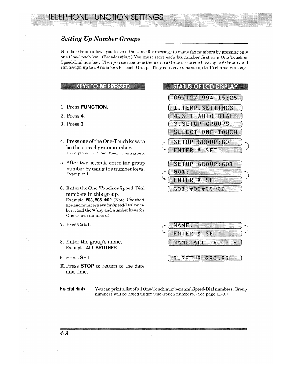 Setting up number groups, Press function, Press 4 | Press 3, Press set, Enter the group’s name, Press stop to return to the date and time, Play, I qgaigi.1994. lljiyia, F 111. t e m fe:" slitrifi s.; ) | Brother INTELLIFAX 820MC User Manual | Page 38 / 128