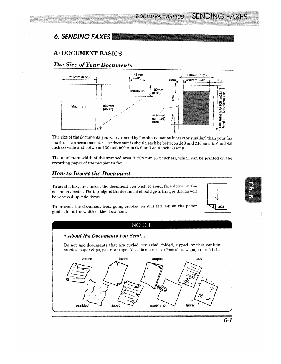 Sending faxes, A) document basics the size of your documents, How to insert the document | Sending a fax -3 | Brother INTELLIFAX 820MC User Manual | Page 41 / 128