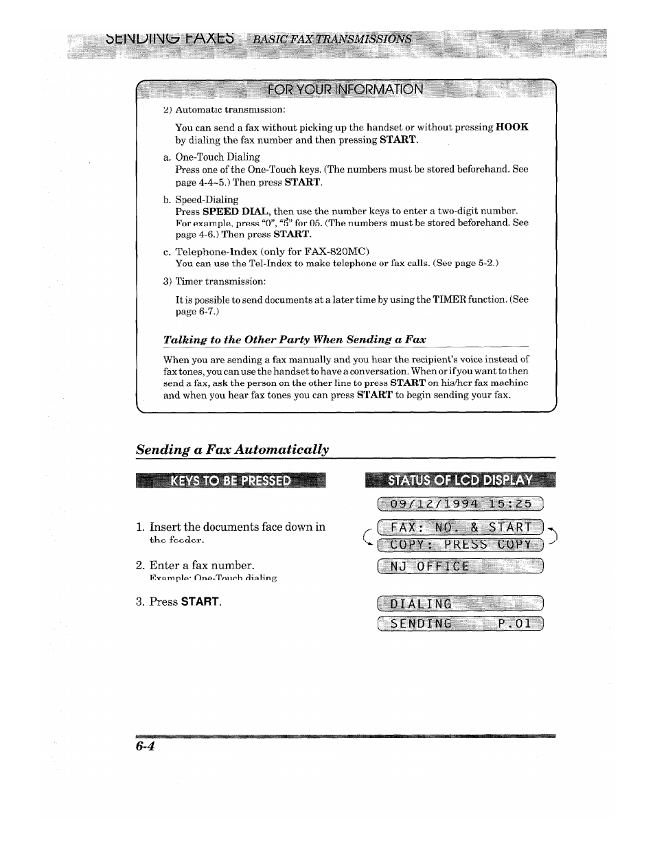 For your information, Sending a fax automatically, Keys to be pressed | Status of lcd display, Insert the documents face down in, Enter a fax number, Press start, F fix: n0. & starf'l r~cupy : eprfes&cctf, Sending a fax automatically -4, S'elefi-n's:- ::gt°) | Brother INTELLIFAX 820MC User Manual | Page 44 / 128