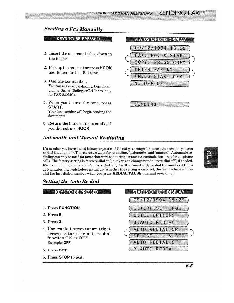 Sending a fax manually, Status of lcd display, Automatic and manual re-dialing | No_. & start, Press c0w:i, Rtnter fax n0, I press sta'rt key 1, F nj office, Sending, Setting the auto re-dial | Brother INTELLIFAX 820MC User Manual | Page 45 / 128