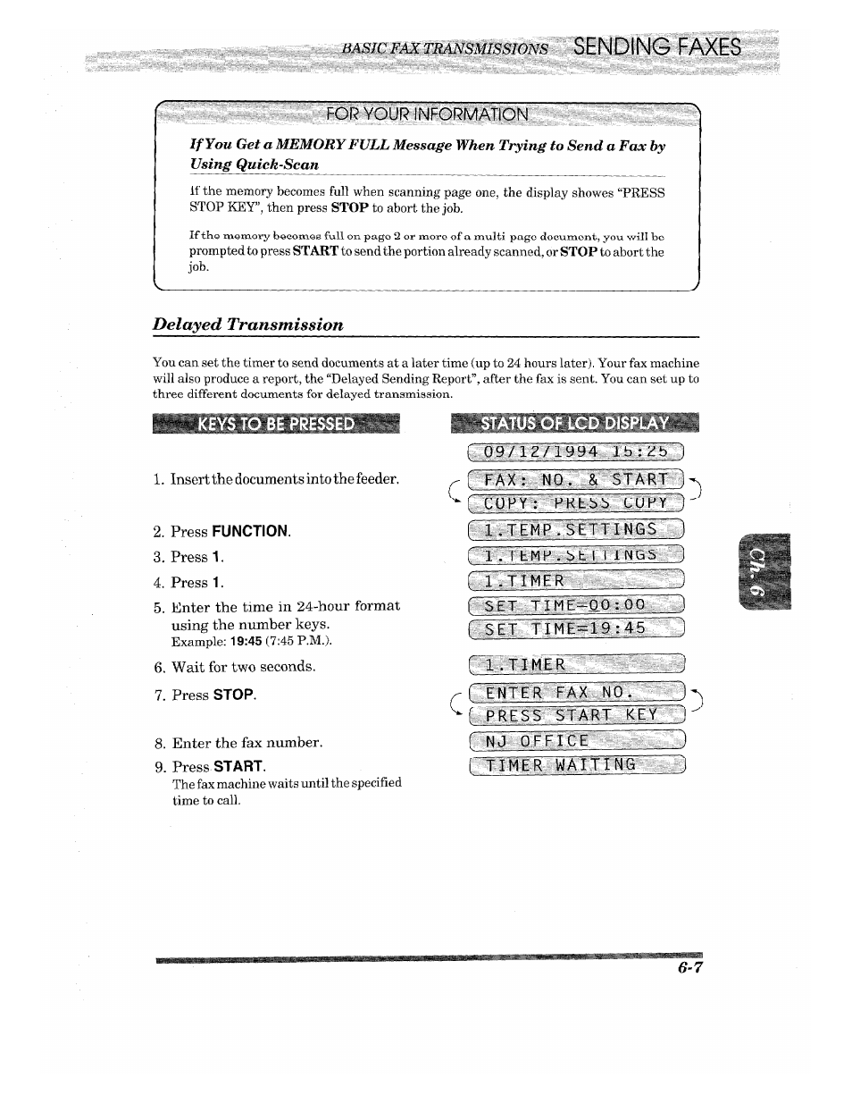 N^''f©r;¥oor;inf0br, Press function, Status of lcd display | Fi 1. reay. settnwfls~~), Rhfllher, I 1.timer, F;ewterr rax xo, F press srart.:key, Nj office, Rtimer waiting | Brother INTELLIFAX 820MC User Manual | Page 47 / 128