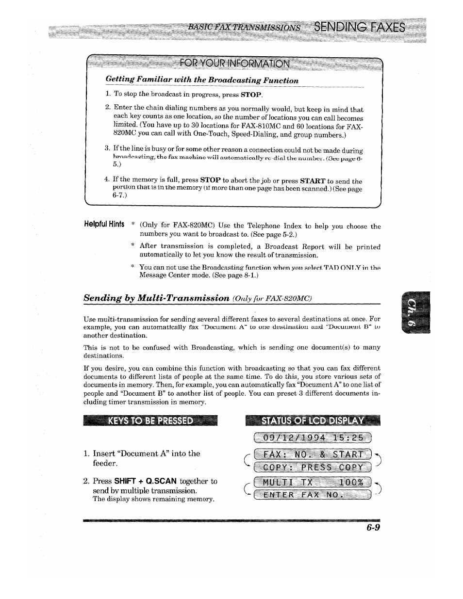 Fdg^yqur inf;or(y^bqn, Sending by multi-transmission (only for fax-820mc), Insert “document a” into the feeder | Status of lcd display, Fe'rmu-tno. & ara.r-u), Lffqpyi:5ykli$jct'lyq, Sending by multi-transmission, Only for fax-820mq, Sending faxes | Brother INTELLIFAX 820MC User Manual | Page 49 / 128