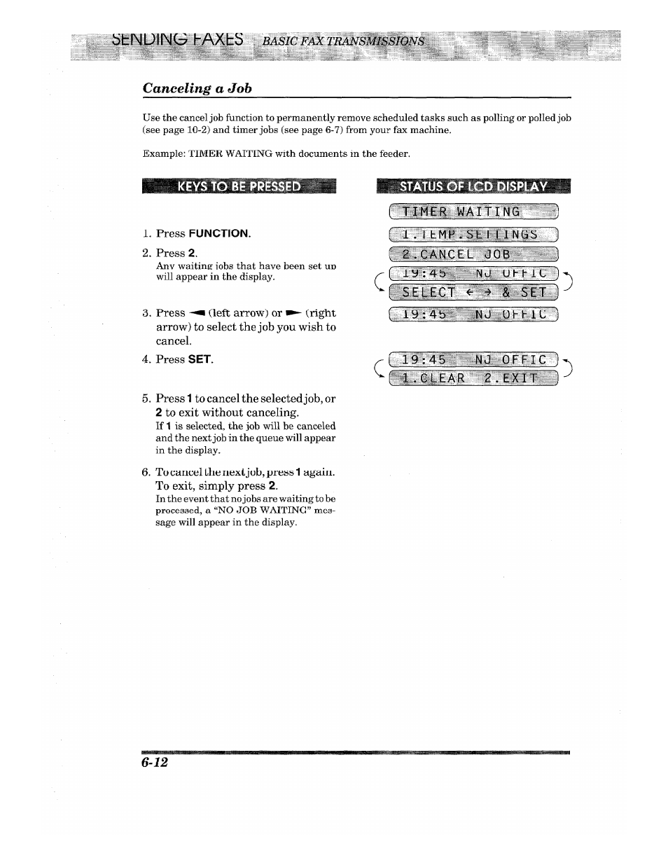 Canceling a job, Keys to be presse, Press function | Press 2, Press set, Timer, 1 . temp.settings, C g.canc^'jqb ), Select ^ ^ & set, C i^:4b nj 1c ì | Brother INTELLIFAX 820MC User Manual | Page 52 / 128