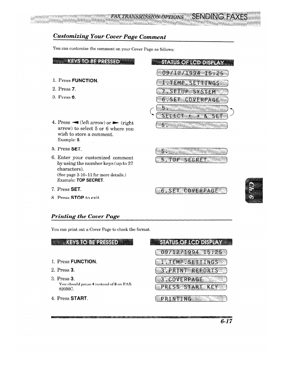 Status of lcd display, Tg>sf g :t ttlemlal'cvi, 1 .t | Npress sra№jcey t), I printing, Sending faxes customizing your cover page comment, Printing the cover page | Brother INTELLIFAX 820MC User Manual | Page 57 / 128