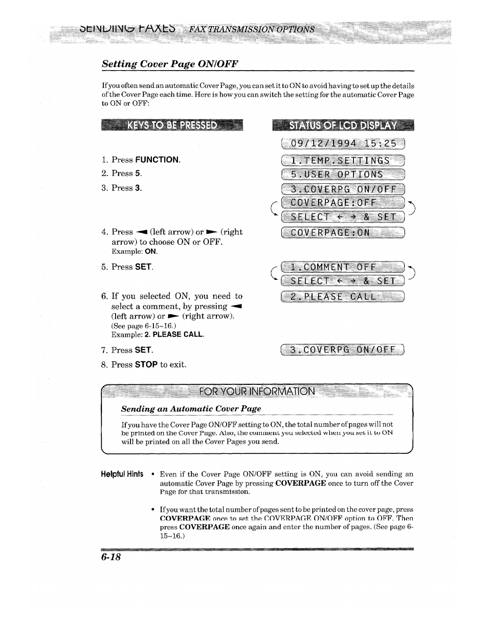 Keys to be pressed, , comment off, For your information | Setting cover page on ¡off, Of lcd, F-to | Brother INTELLIFAX 820MC User Manual | Page 58 / 128