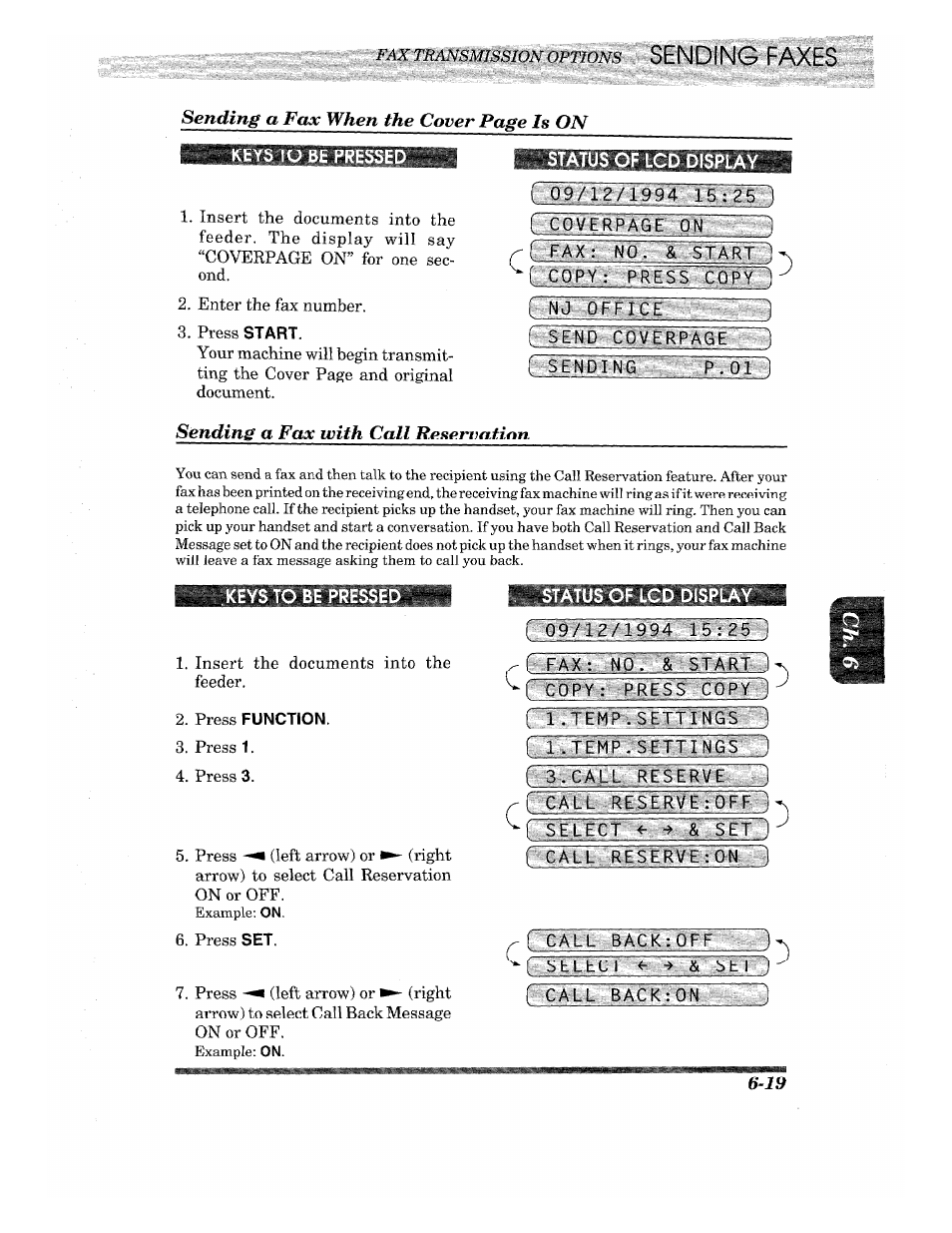 Status of lcd display, Ng 0f~f1ce, Sending a fax with call reservation | Press function, Avcanumi: s fe s, Ncall backvon, Sending a fax with call reservation -19 | Brother INTELLIFAX 820MC User Manual | Page 59 / 128