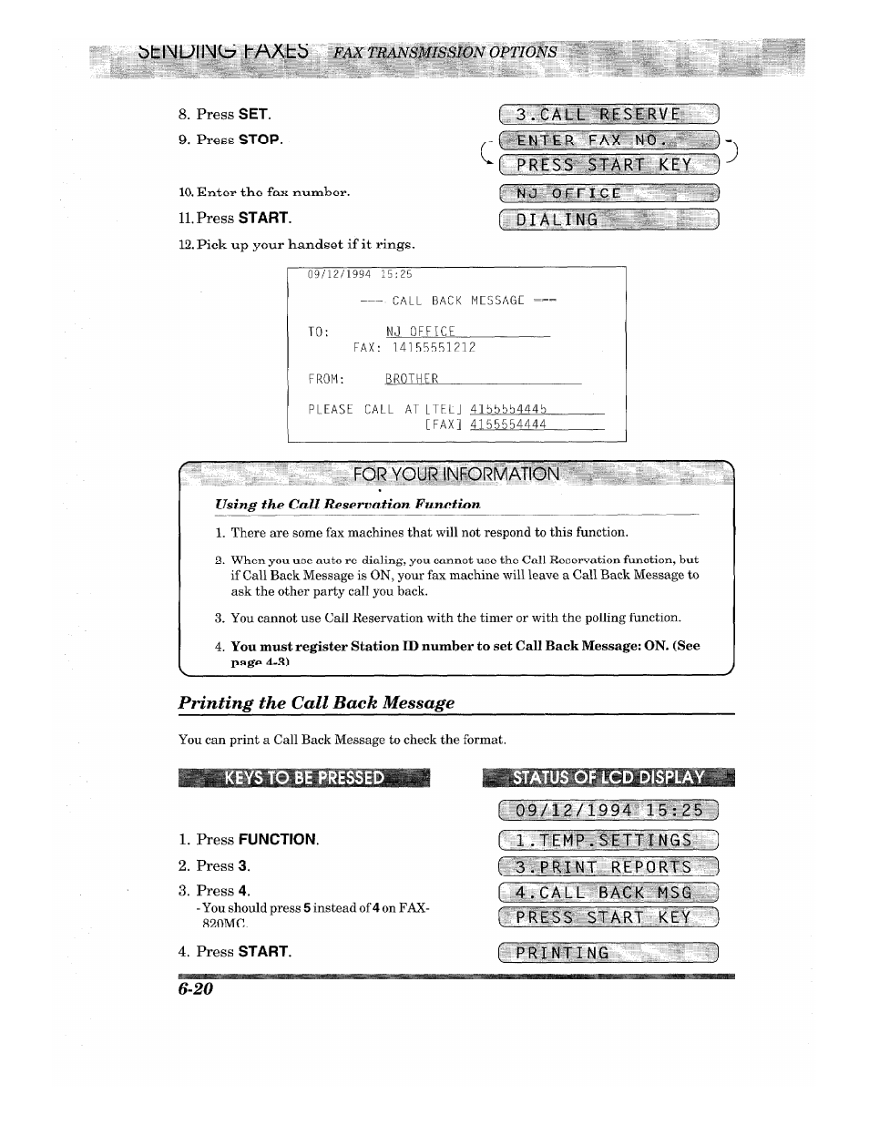 Printing the call back message, Bh im ul injtc? haabb, Status of lcd displa | Brother INTELLIFAX 820MC User Manual | Page 60 / 128