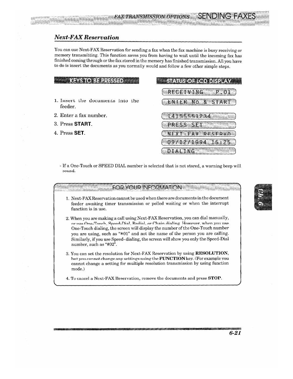 Fax transmission options, Next‘fax reservation, Feeder | Enter a fax number, Press start, Press set, Status of lcd display, T treoe 1 giflltl, For your information, C) fax transmission options -13 | Brother INTELLIFAX 820MC User Manual | Page 61 / 128