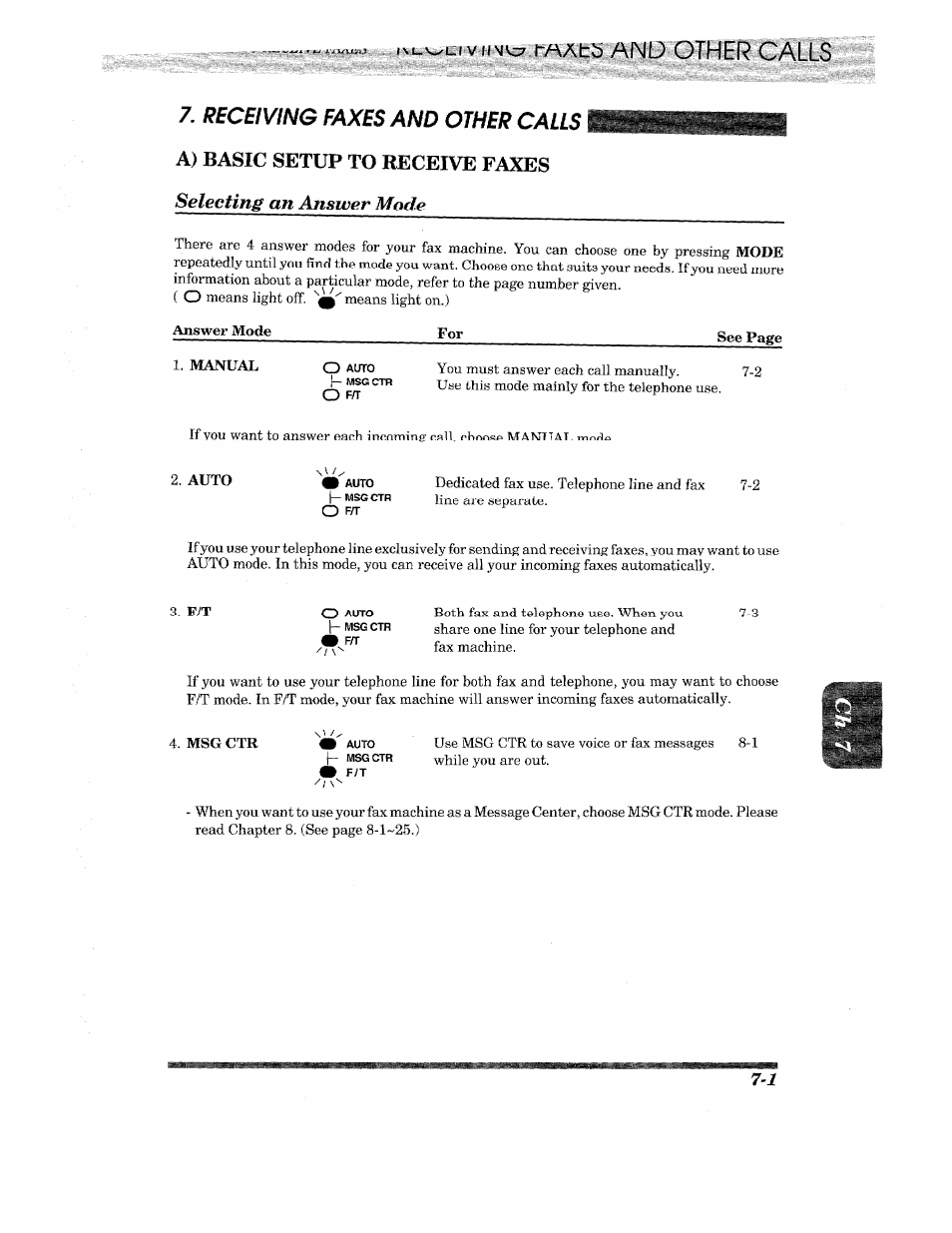 Receiving faxes and other calls, Manual, Auto | I“mati) and other calls, Selecting an answer mode, A) basic setup to receive faxes | Brother INTELLIFAX 820MC User Manual | Page 63 / 128