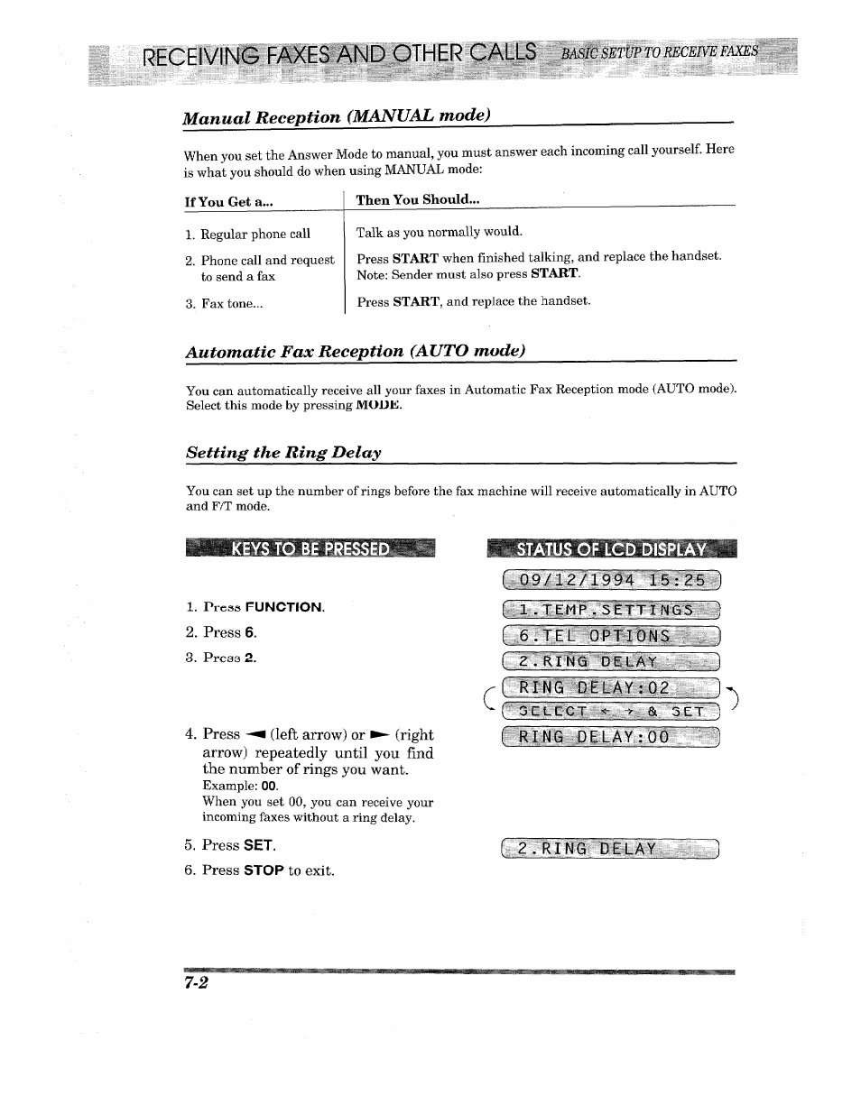 Manual reception (manual mode), Automatic fax reception (auto mode), Setting the ring delay | Status of lcd display, I ¡6? te'ryil’tmffs: y yì, C-ff pfi ij :’p'tegi,a, Ring delay, Manual reception (manual mode) -2, Automatic fax reception (auto mode) -2, Setting the ring delay -2 | Brother INTELLIFAX 820MC User Manual | Page 64 / 128