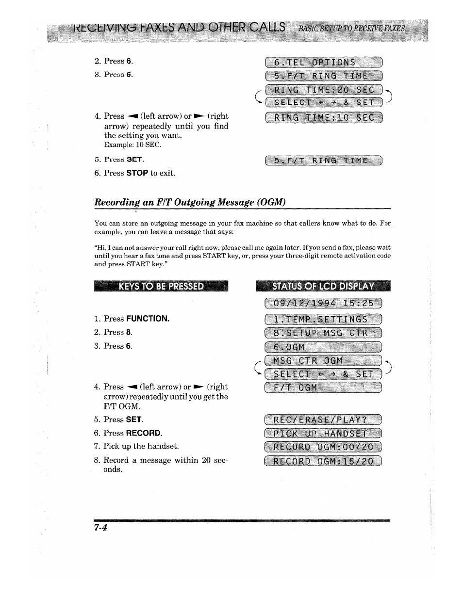 Tel options r~5 . f/t ring time, Ring time:20 sec j, Recording an fit outgoing message (ogm) | Press function, I 1.temp.settings, R~8.setup msg ctr ~1 r etogm 1, Msg ctr ogm ry#n, Recording an f/t outgoing message (ogm) -4, Ktotiviimti l-axtij and other calls | Brother INTELLIFAX 820MC User Manual | Page 66 / 128