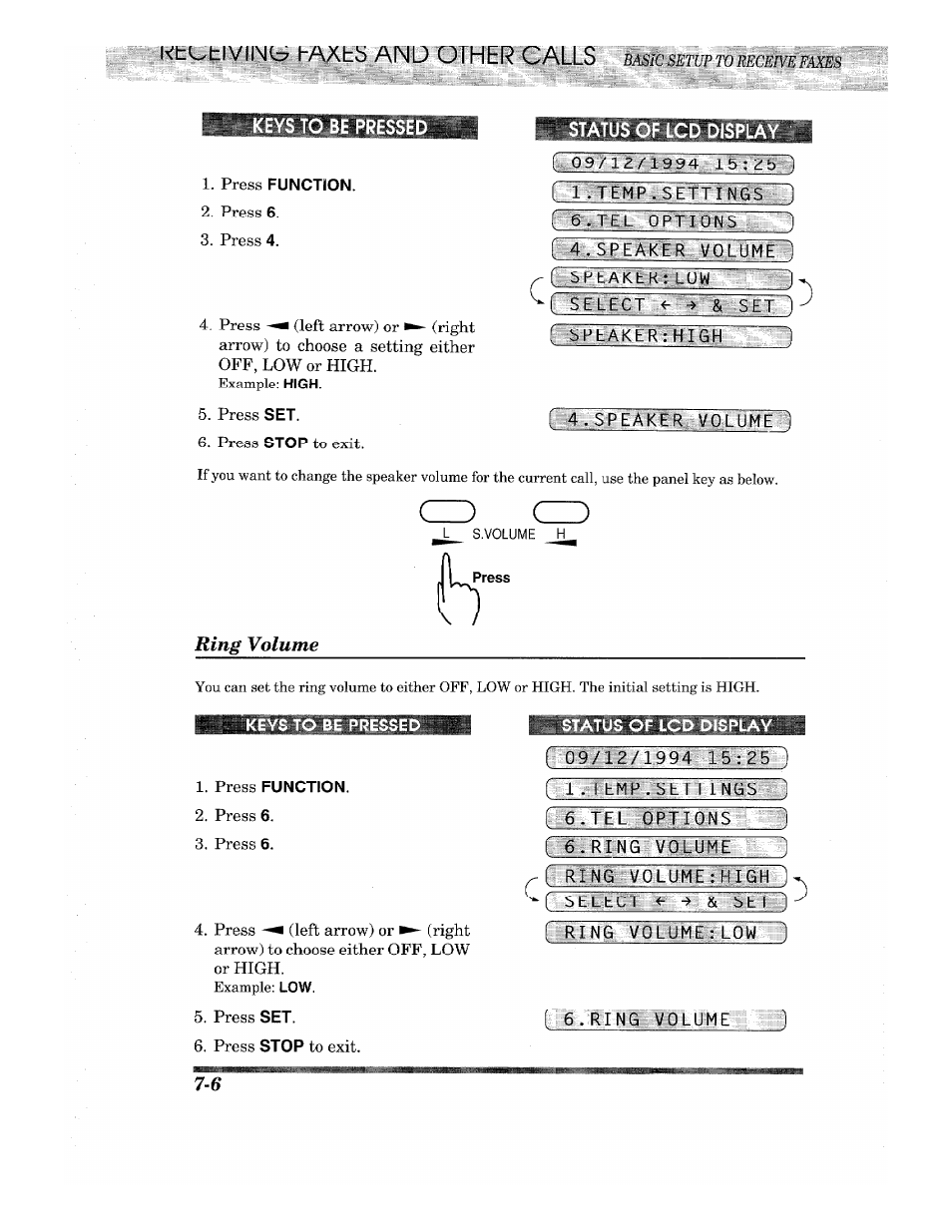 Status of lcd display, Kti^tlvii\lt7l-axbb and oiher calls, Ring volume | Brother INTELLIFAX 820MC User Manual | Page 68 / 128