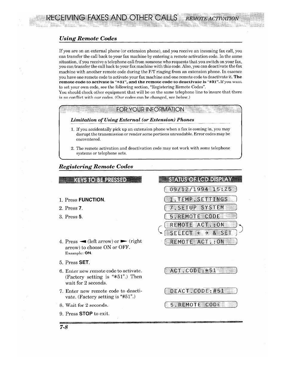 Using remote codes, Registering remote codes, Status of lcd display | R ct9 /32:/199»:ri:5': 2s 1 trf. temp n 6s::: 1, Using remote codes -8, Registering remote codes -8, Trf. temp n 6s::: 1, Gegetlwefiffiemhe)otherbseb | Brother INTELLIFAX 820MC User Manual | Page 70 / 128