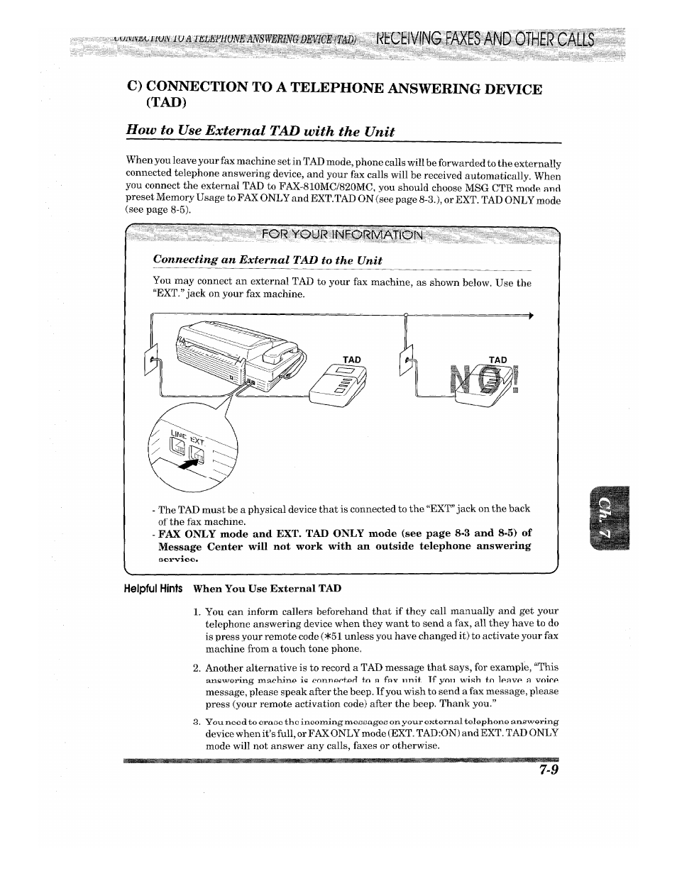 How to use external tad with the unit, For your information, How to use external tad with the unit -9 | Whctiving faxes and other calls | Brother INTELLIFAX 820MC User Manual | Page 71 / 128