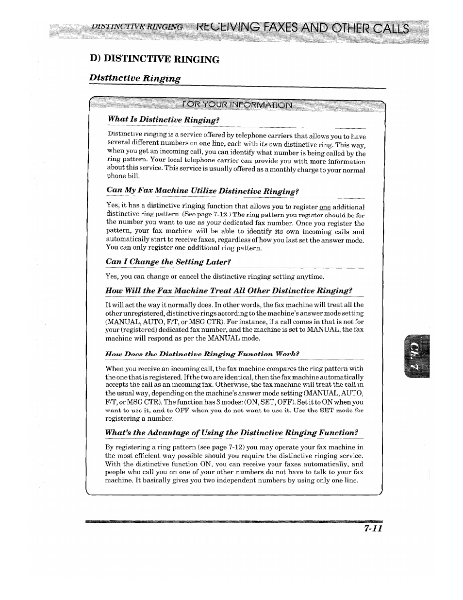 Im^uncriveringing ktctiving faxes and, D) distinctive ringing, Distinctive ringing | Your information, D) distinctive ringing -11, Distinctive ringing -11 | Brother INTELLIFAX 820MC User Manual | Page 73 / 128