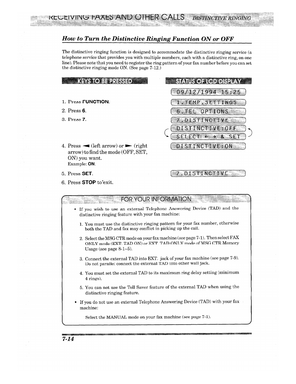 Press 6, Press set, Press stop to'exit | Status of lcd display, Sfcllct n. : set. 1, 1 distjnci ivh :0n, Pqr your informatiqm, Setting the distinctive ringing function -12, Kepel yiw f‘axtb and oiher ca;ees | Brother INTELLIFAX 820MC User Manual | Page 76 / 128