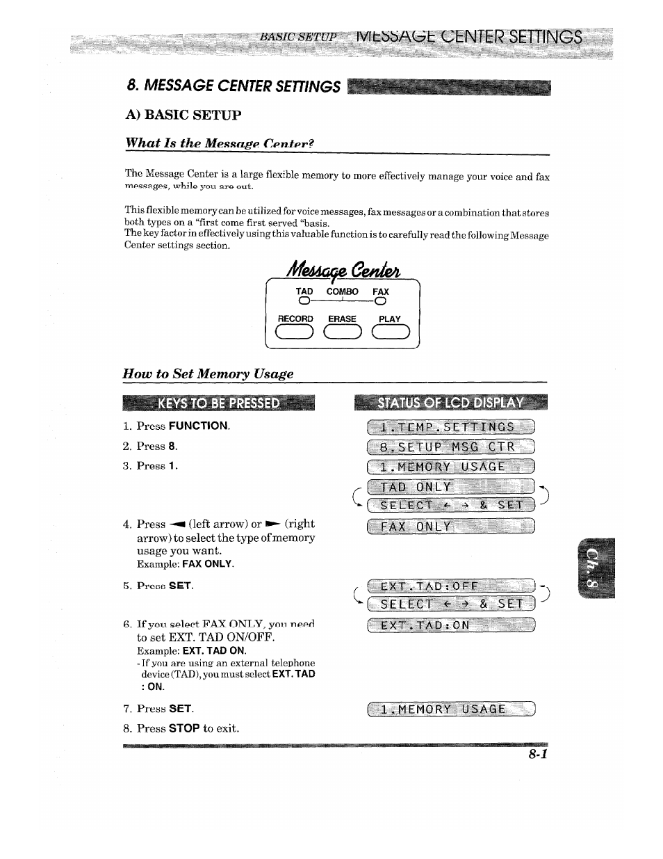 Message center seuings, A) basic setup, Press function | Press set, Status of lcd display, Message center setitgs, A) basic setup -1, Czd cz), What is the message center | Brother INTELLIFAX 820MC User Manual | Page 77 / 128