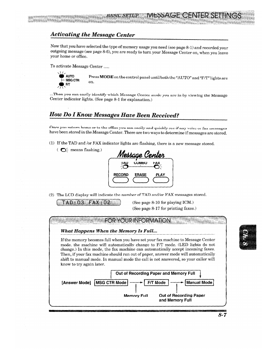 Activating the message center, How do i know messages have been received, Memaxm cente/i | What is the message center? -1, How do i know messages have been received? -7, C) c_3, Wsjwffmffi | Brother INTELLIFAX 820MC User Manual | Page 83 / 128