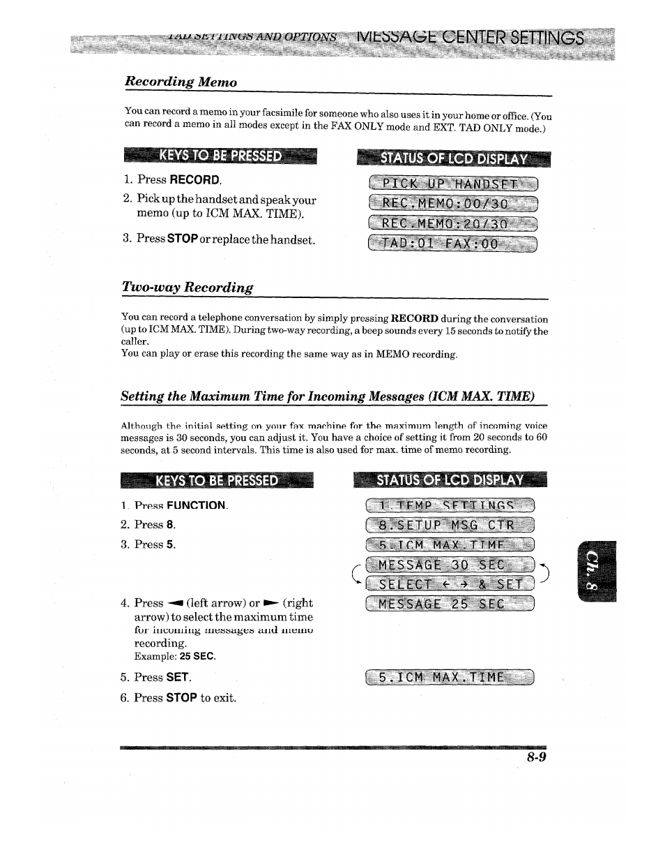 Recording memo, Status of lcd display, Two-way recording | Recording memo -9, Two-way recording -9 | Brother INTELLIFAX 820MC User Manual | Page 85 / 128