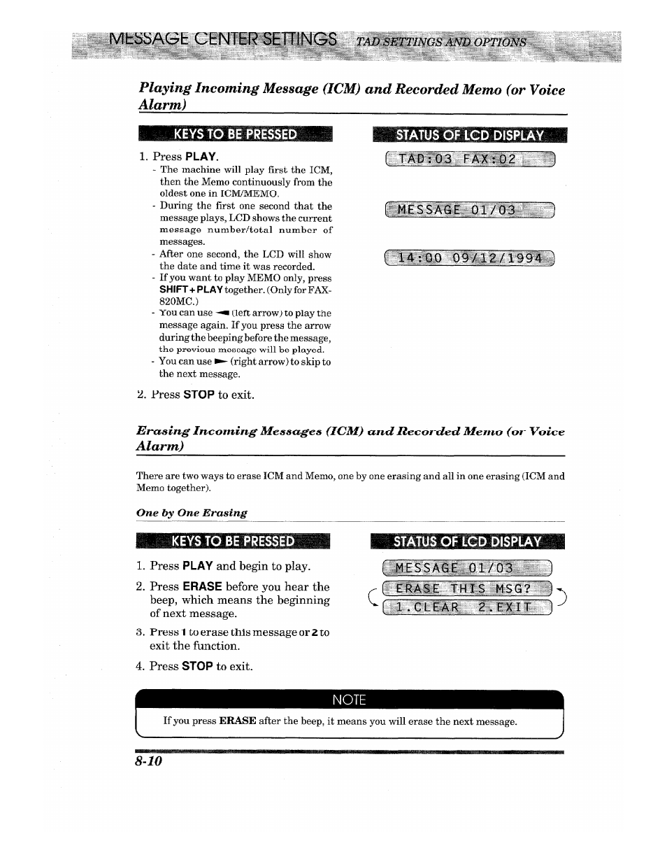 Press play, Press stop to exit, Status dp ted display | Tad:03 fax:02, Message 01/03), F 14:00 09/12/1^4, Press play and begin to play, Statyiqfmddisptay, Mhijbage center sehings, Keys to be pressed | Brother INTELLIFAX 820MC User Manual | Page 86 / 128