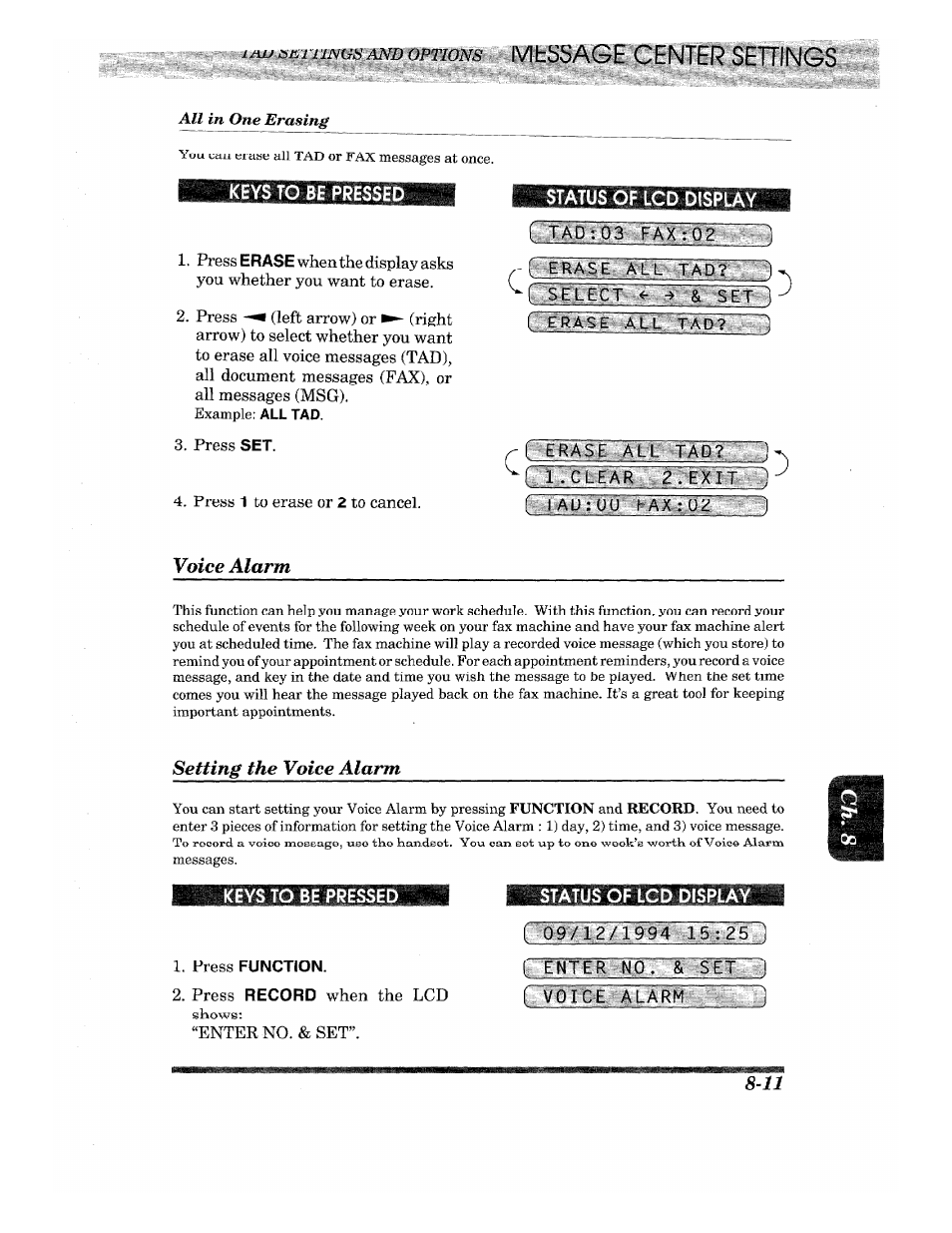 Tad:03 fax :02 ' 1, Erase all tad? r select~1^^ & set, Erase all tad? 1 | L.clear 2.exit j [ tadruu lax:,u;? , , 1, Voice alarm, Setting the voice alarm, Press function, Status of lcd display, Mhssage center settings | Brother INTELLIFAX 820MC User Manual | Page 87 / 128