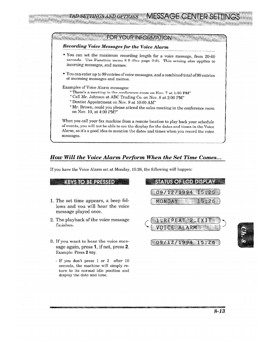 Tad settn^a^an!) ottione message center settings, For your information, The playback of the voice message | Message center settings, Keys to be presse | Brother INTELLIFAX 820MC User Manual | Page 89 / 128