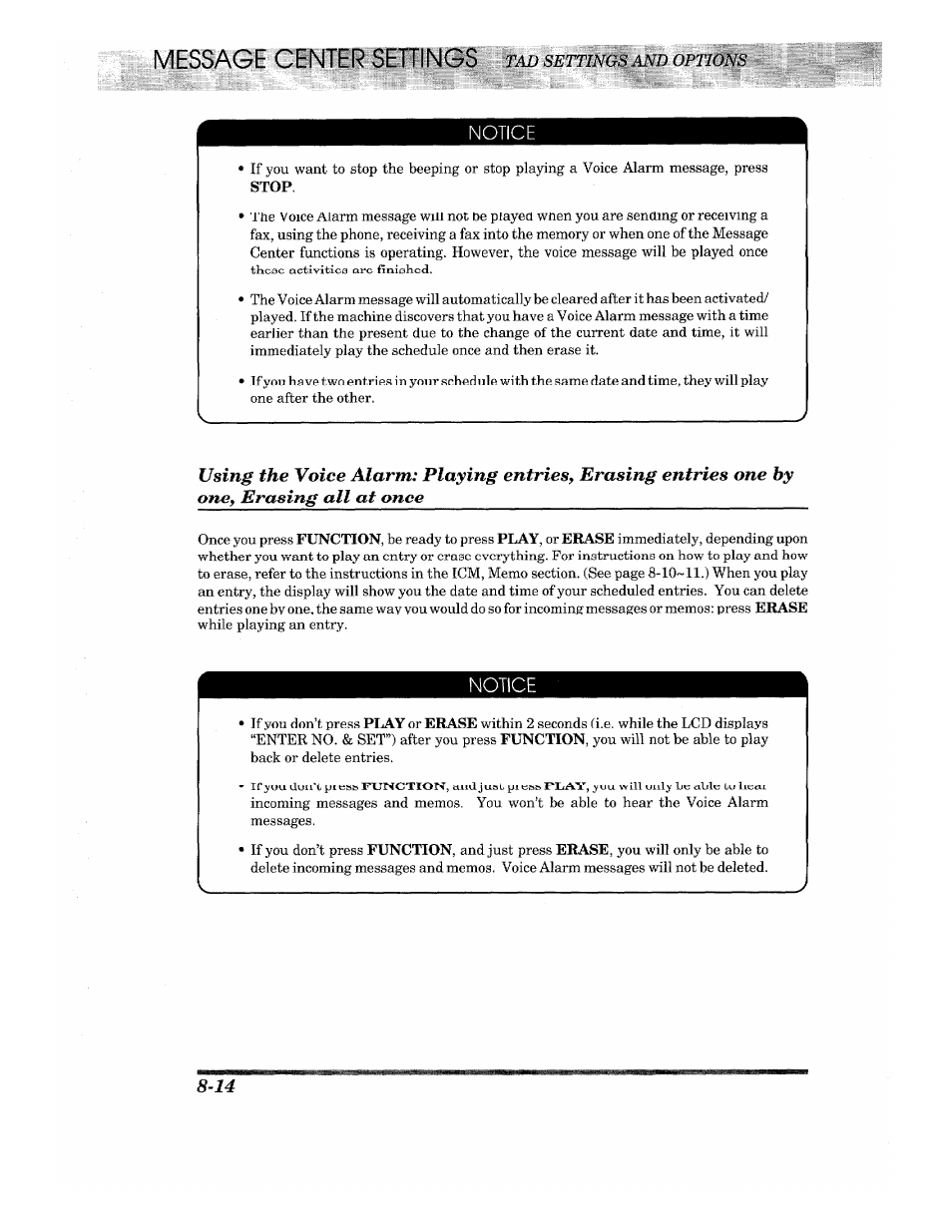 Notice, Thcac activities arc finished, Message center sehings | Brother INTELLIFAX 820MC User Manual | Page 90 / 128