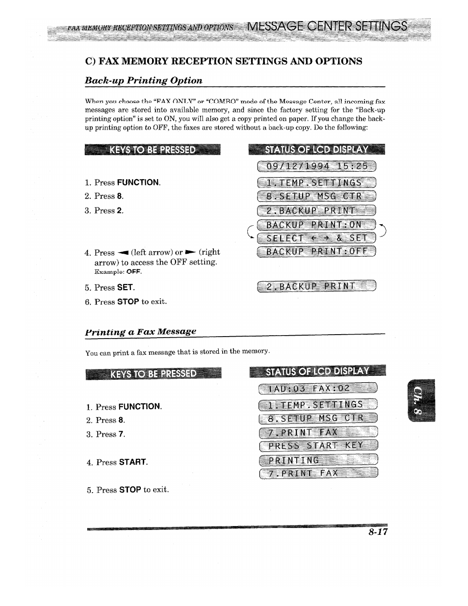 Status of lcd display, Z:, backup print, Printing a fax message | R7.print fax, Printing the call back message -20, Mtssage center settings, Back-up printing option | Brother INTELLIFAX 820MC User Manual | Page 93 / 128