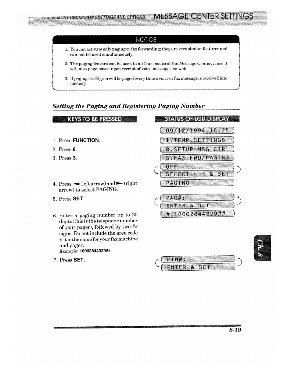 Seating the paging and registering paging number, Press function, R^:'l8002844329#cyi | F enter & set, Mhssage center settings | Brother INTELLIFAX 820MC User Manual | Page 95 / 128