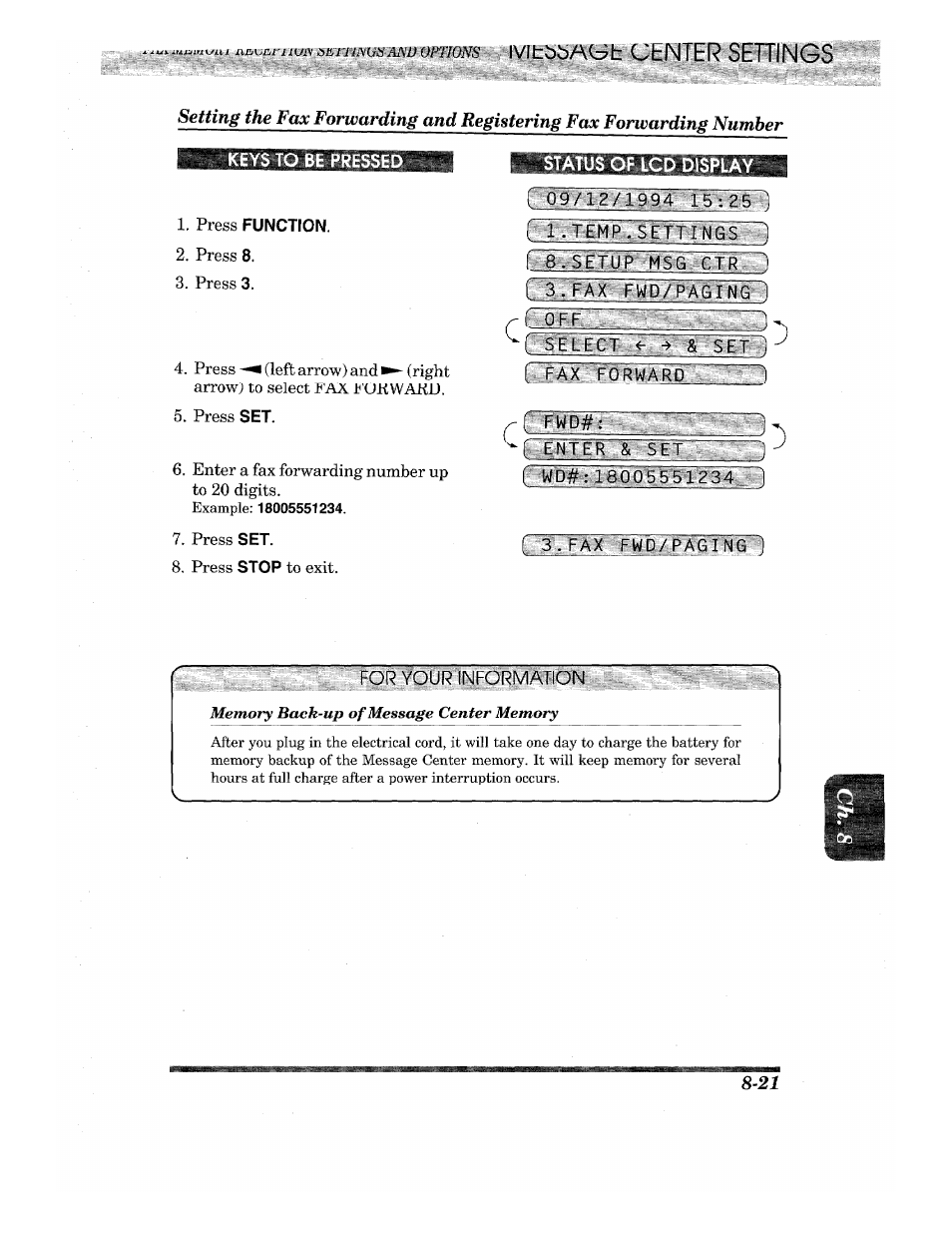 Status of lcd display, 09/12/199415t251, Slt 1 | Forward, Wd#:1800^^^34, Isrt aaffti | Brother INTELLIFAX 820MC User Manual | Page 97 / 128