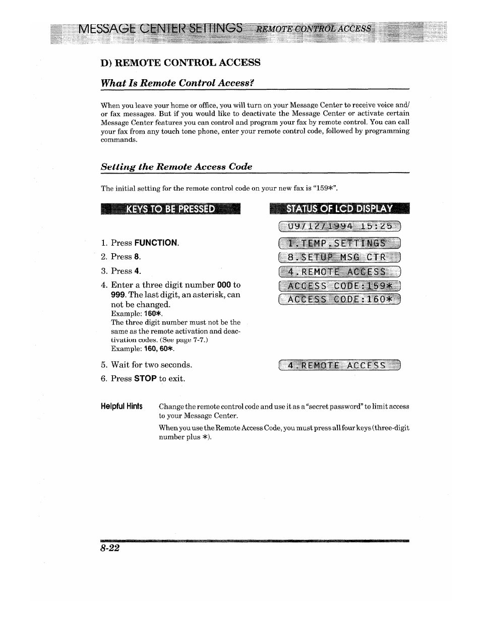 Message cenier se11ings remote control access, D) remote control access, Press function | Press 8, Press 4, Wait for two seconds, Press stop to exit, Display, D) remote control access -22, Message cenier se11ings | Brother INTELLIFAX 820MC User Manual | Page 98 / 128